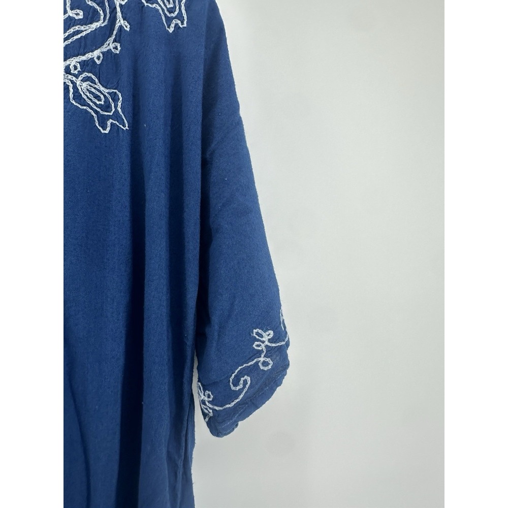 Blue Embroidered Boho Midi Dress Womens Loose Fit Caftan Peasant Beachy Flowy - Picture 5 of 9